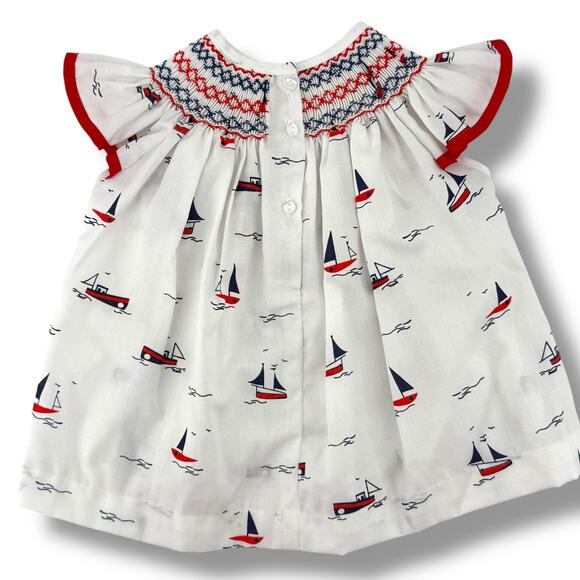 Edgehill Collection Smocked Bishop Dress Bloomers Set Sz 18 M Nautical Sail Boat - Picture 6 of 7